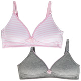 Girls 2-Pack Lightly Lined Wirefree Cotton Bra (Pink Stripes/Grey)