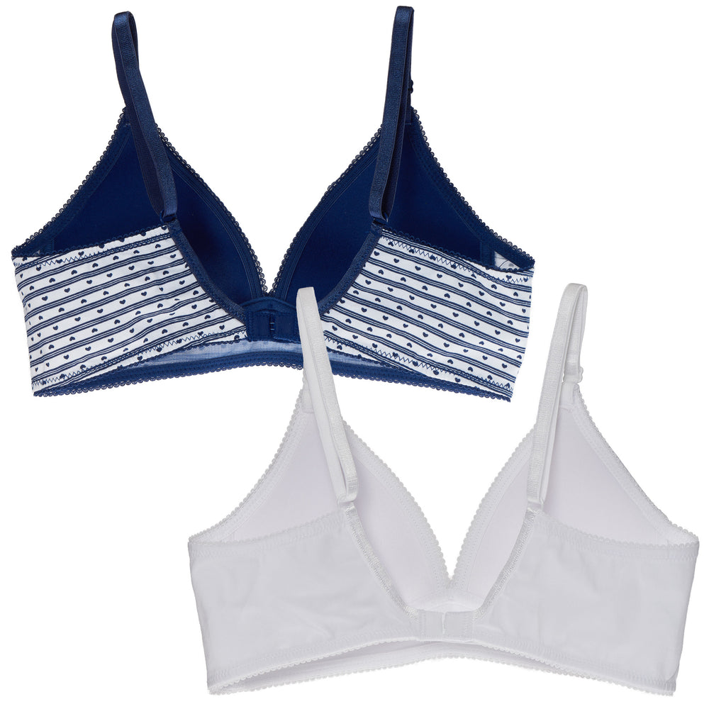 Girls 2-Pack Lightly Lined Wirefree Cotton Bra (Navy Hearts/White)