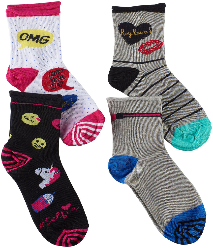 Girls Texting Emojis Roll Top Socks (Pack of 4)