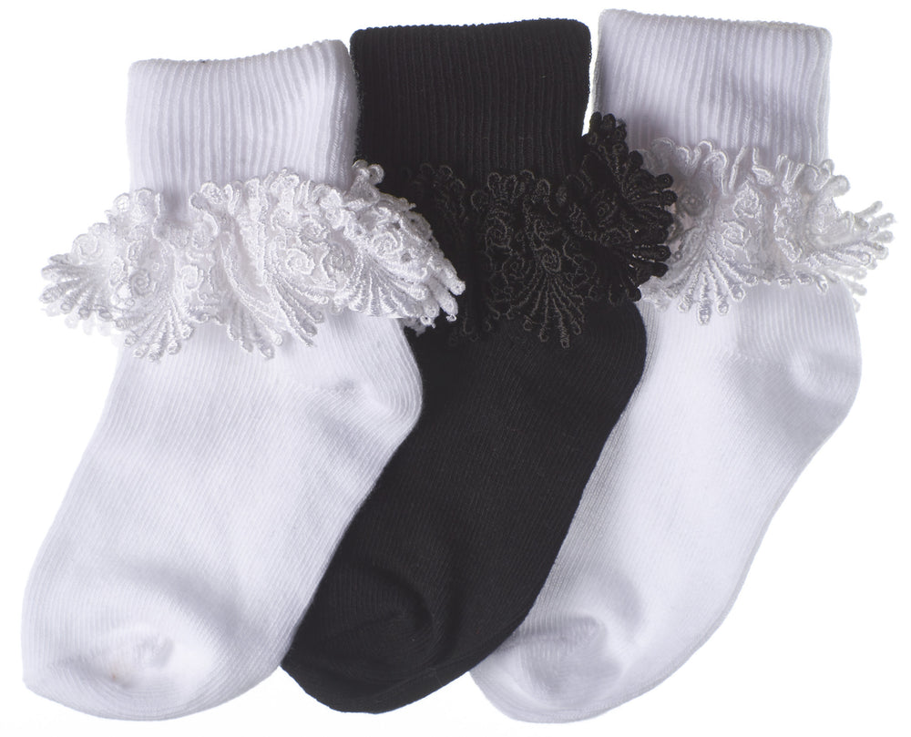 3-Pack Shiny Scallop Lace Turncuff Toddler Girls Socks (White/Black/White)