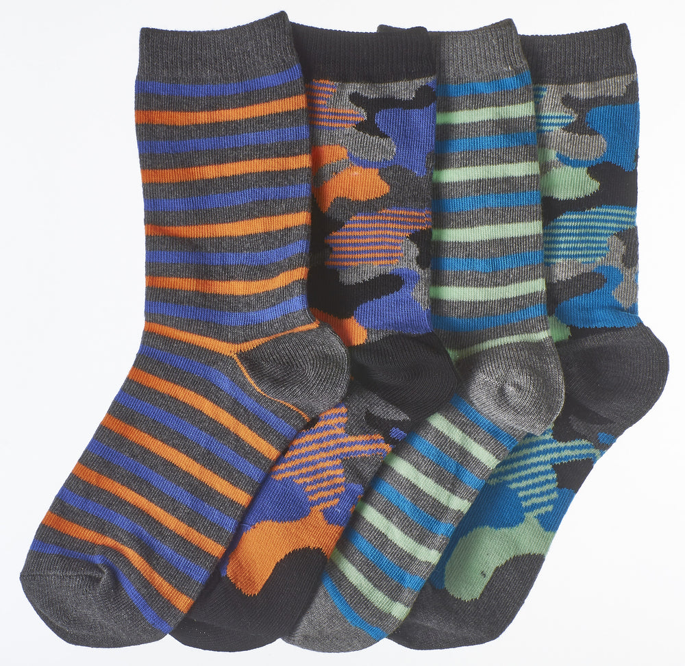 4-Pack Urban Camouflage & Stripes Boys Crew Socks